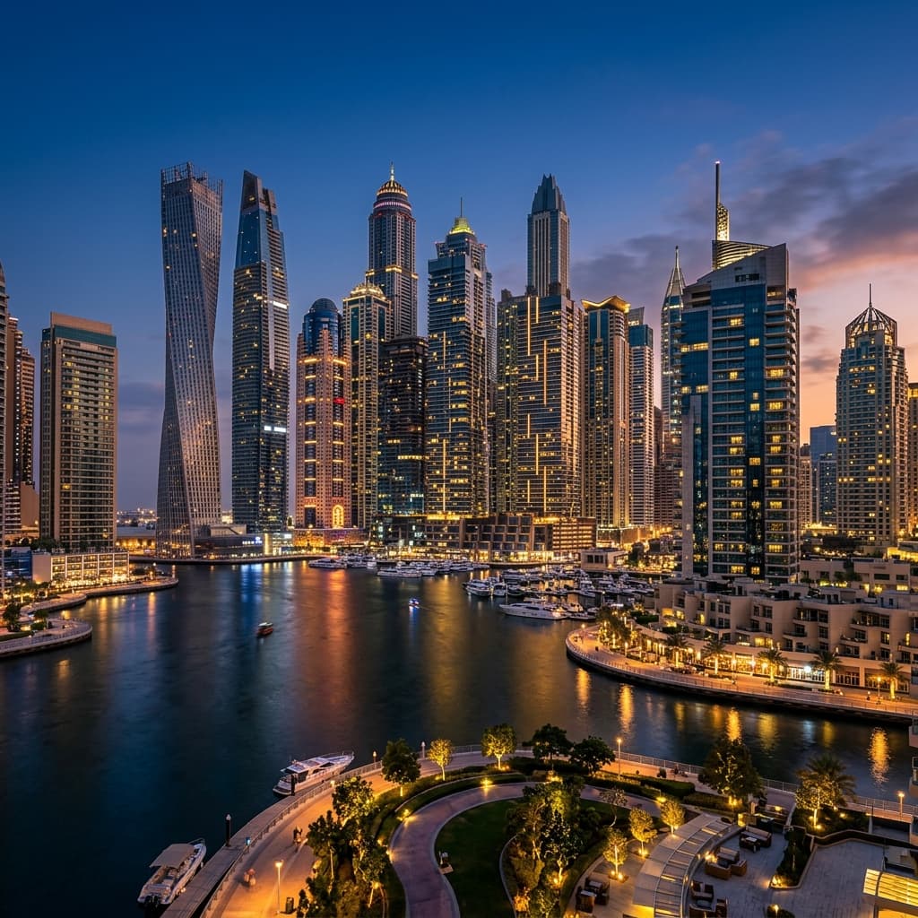 Luxury city skyline at twilight